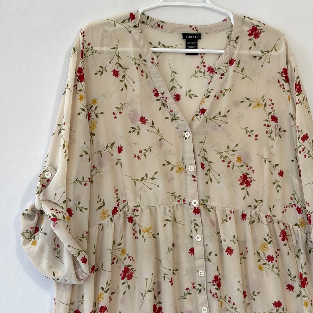 Torrid Lexie Babydoll Hi-Low Tunic Top Womens 3X Cream Semi-Sheer Chiffon Floral - Picture 2 of 11